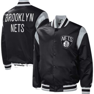 Men's Starter Black Brooklyn Nets Force Play Satin Full-Snap Varsity Jacket