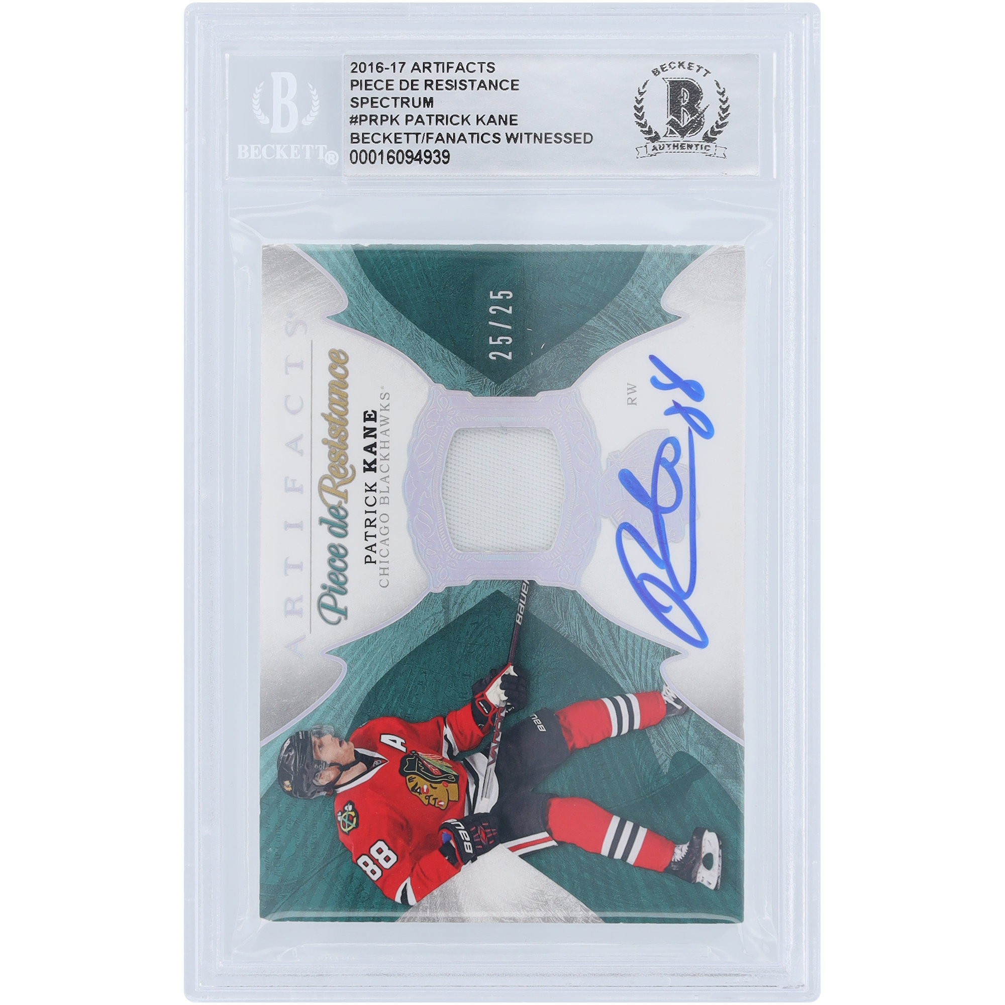 Patrick Kane Chicago Blackhawks Autographed 2016-17 Upper Deck Artifacts Piece de Resistance Spectrum Relic #PR-PK #25/25 Beckett Fanatics Witnessed Authenticated Card