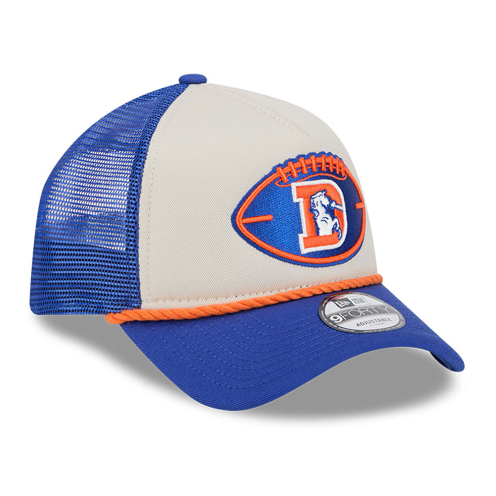 Men's New Era Stone/Royal Denver Broncos 2024 Sideline Historic 9FORTY A-Frame Trucker Adjustable Hat - Image 9