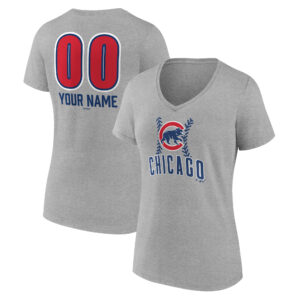 Women's  Gray Chicago Cubs Personalized Name & Number Fastball V-Neck T-Shirt