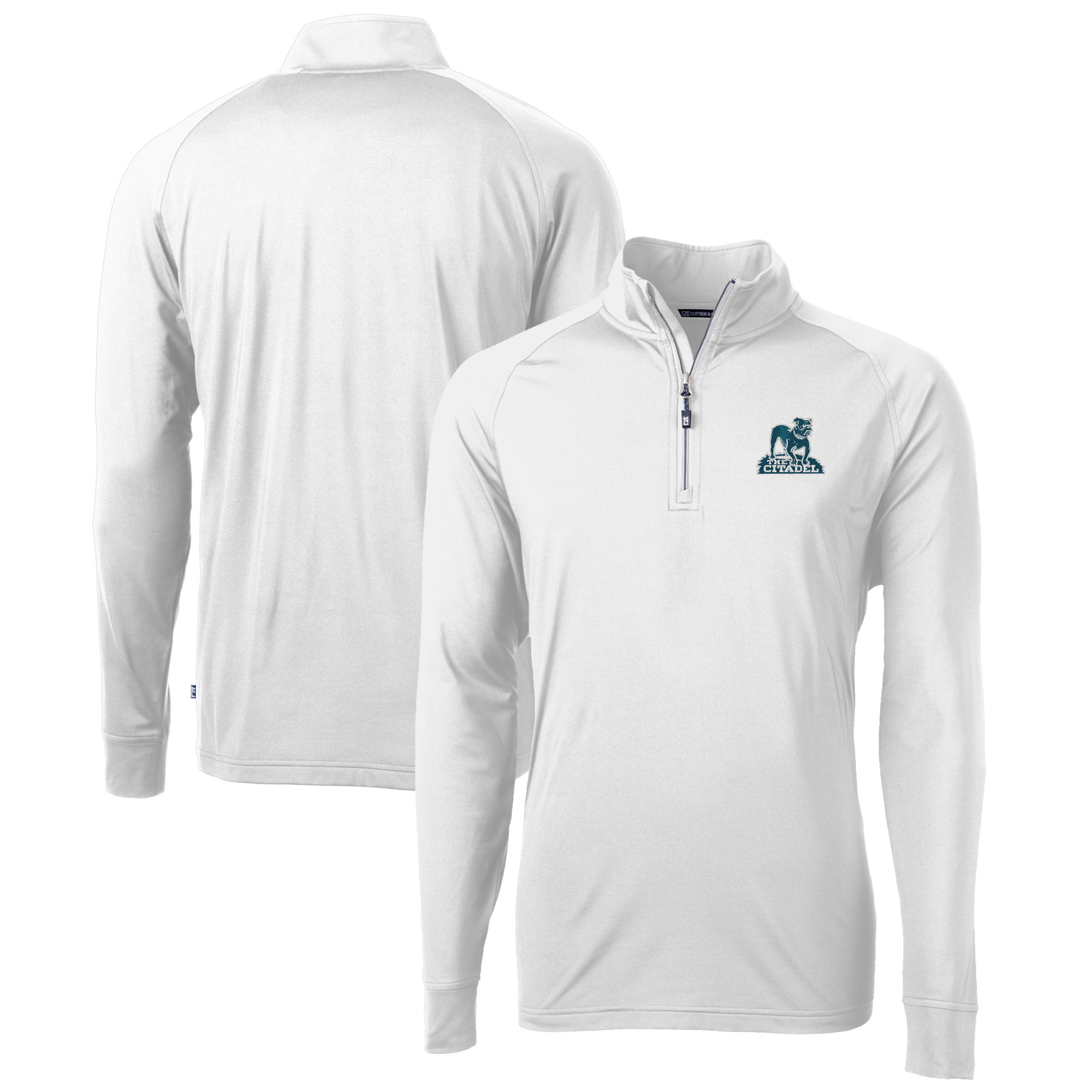 Men's Cutter & Buck White Citadel Bulldogs Vault Adapt Eco Knit Stretch Recycled DryTec Quarter-Zip Top