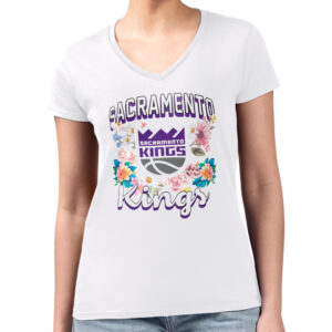 Women's G-III 4Her by Carl Banks White Sacramento Kings Flowers Team Logo Graphic Fitted V-Neck T-Shirt