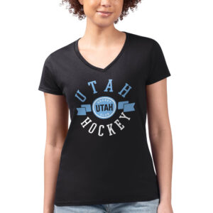 Women's G-III 4Her by Carl Banks Black Utah Hockey Club Shield Graphic Fitted V-Neck T-Shirt