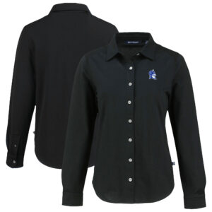 Women's Cutter & Buck Black Duke Blue Devils Advantage Tri-Blend Eco Soft Pique Button-Up Long Sleeve Shirt