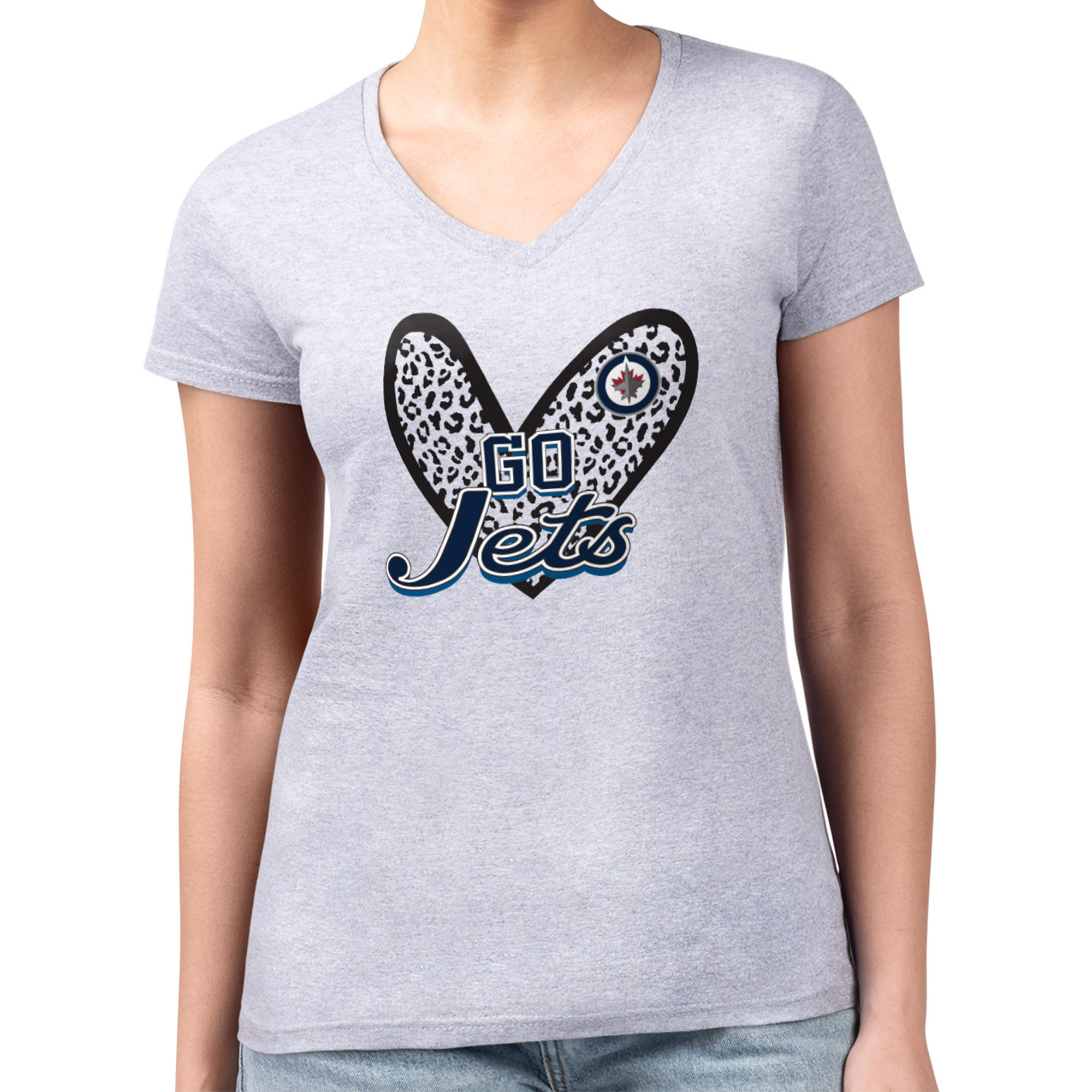 Women's G-III 4Her by Carl Banks Heather Gray Winnipeg Jets Animal Print Heart Fitted V-Neck T-Shirt