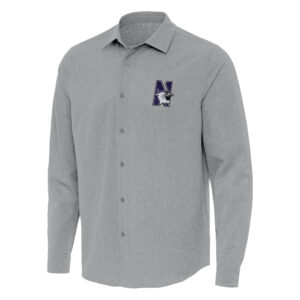 Men's Antigua Gray Northwestern Wildcats Exposure Woven Long Sleeve Full-Button Shirt