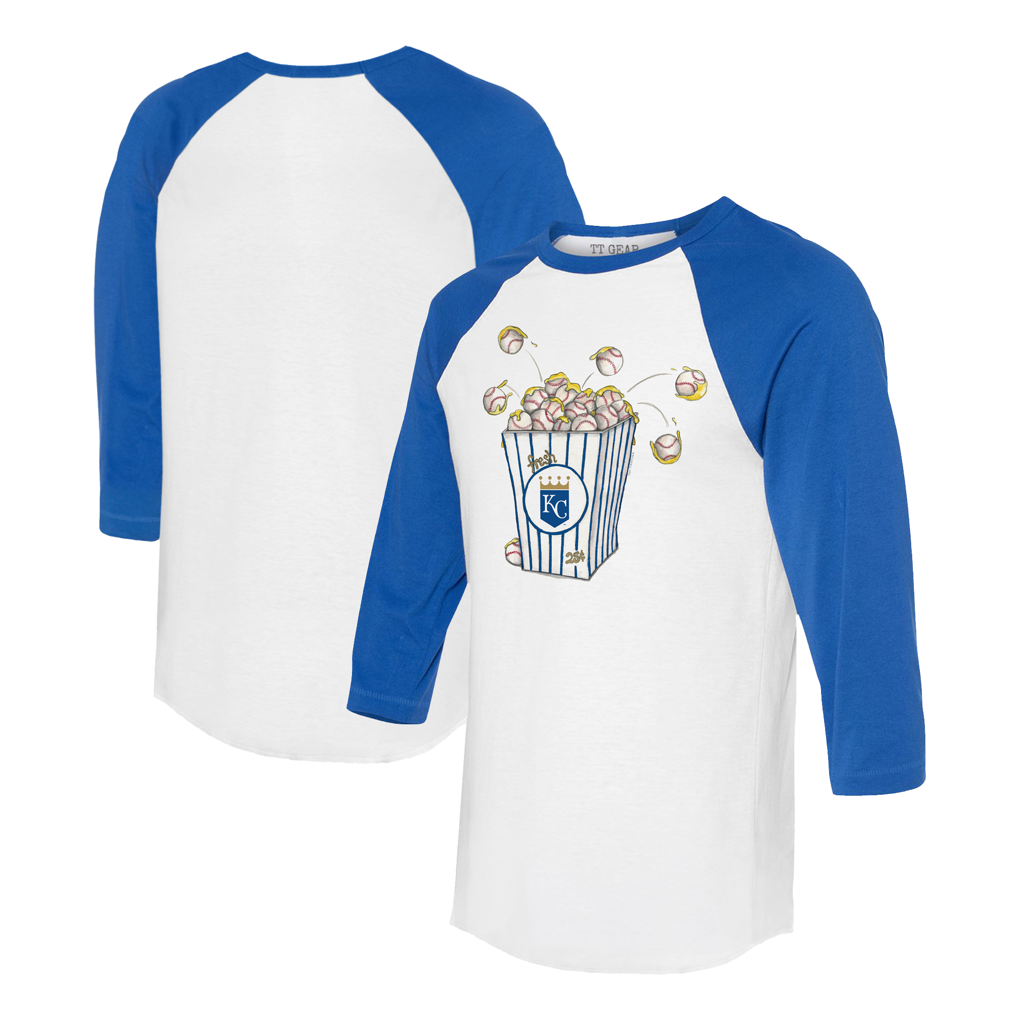 Women's Tiny Turnip White/Royal Kansas City Royals Popcorn 3/4-Sleeve Raglan T-Shirt
