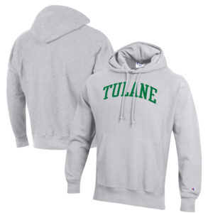 Men's Champion Heathered Gray Tulane Green Wave Reverse Weave Fleece Pullover Hoodie