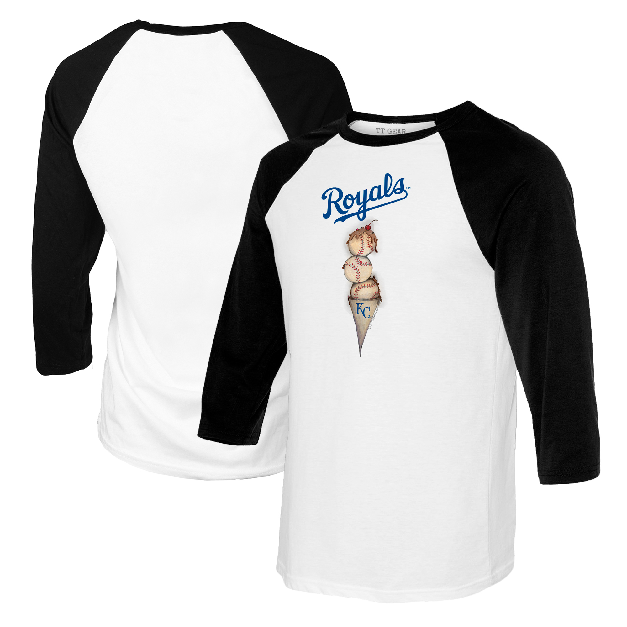 Women's Tiny Turnip White/Black Kansas City Royals Triple Scoop 3/4-Sleeve Raglan T-Shirt