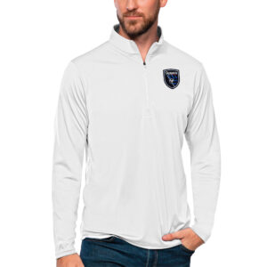 Men's Antigua White San Jose Earthquakes Tribute Quarter-Zip Pullover Top