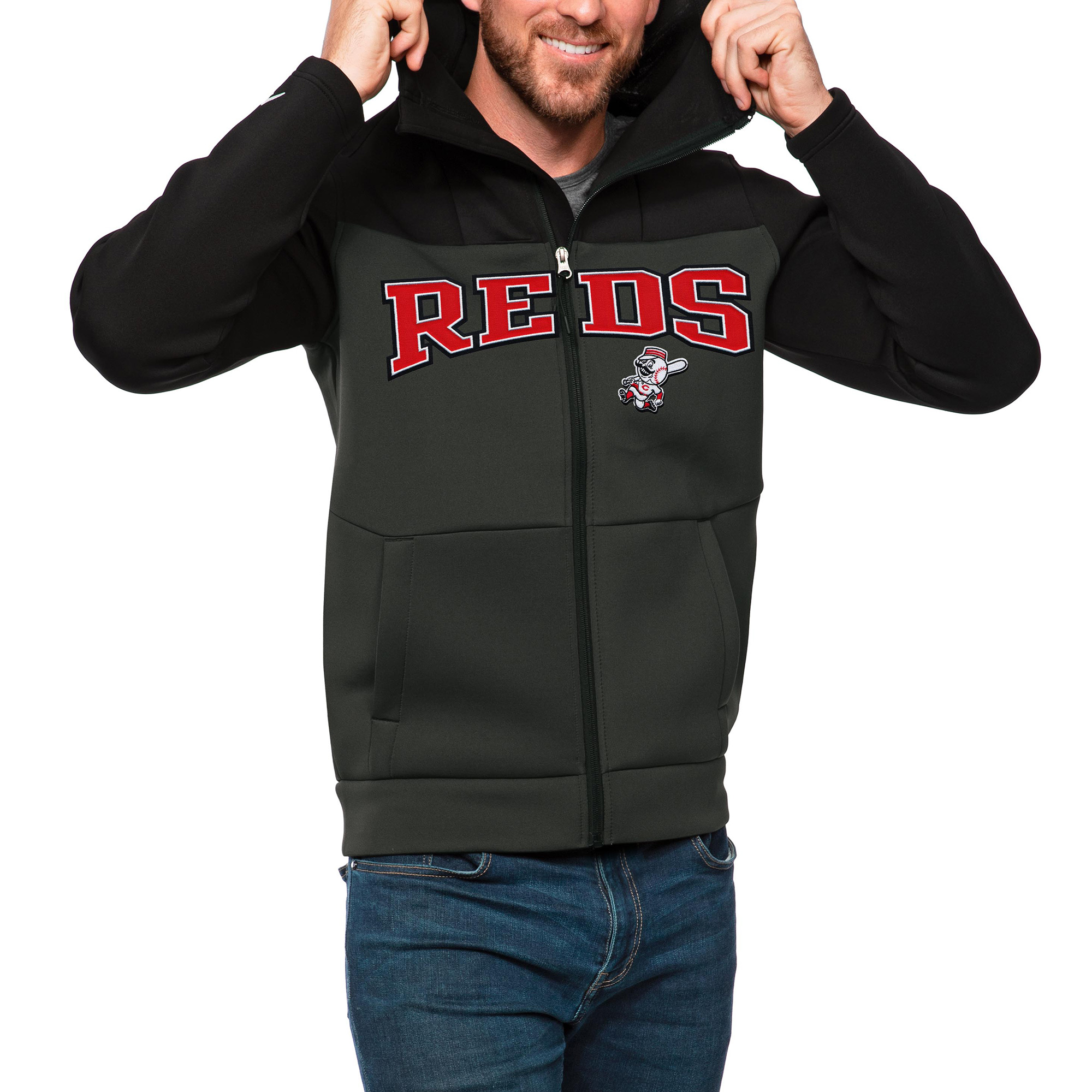 Men's Antigua Black/Charcoal Cincinnati Reds Wordmark Protect Full-Zip Hoodie