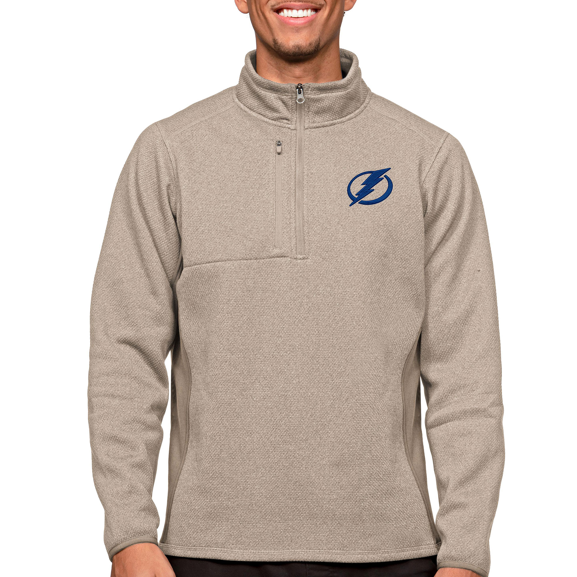 Men's Antigua Oatmeal Tampa Bay Lightning Course Quarter-Zip Pullover Top