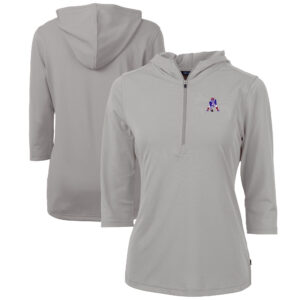 Women's Cutter & Buck Gray New England Patriots Throwback Logo Virtue Eco Pique 3/4 Sleeve Half-Zip Pullover Hoodie