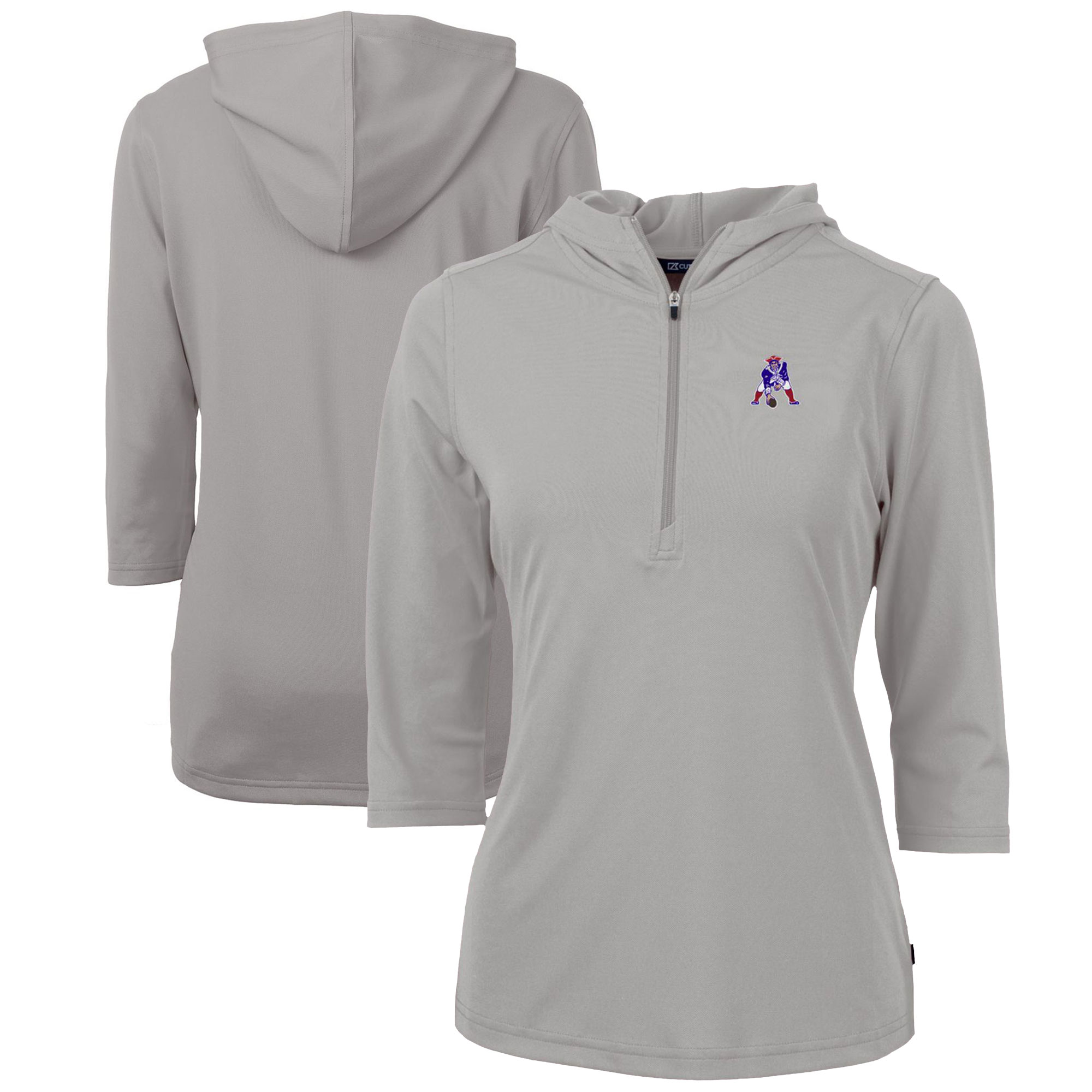 Women's Cutter & Buck Gray New England Patriots Throwback Logo Virtue Eco Pique 3/4 Sleeve Half-Zip Pullover Hoodie