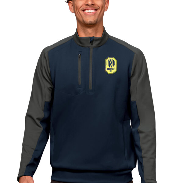 Men's Antigua Navy/Charcoal Nashville SC Primary Team Logo Team Quarter-Zip Pullover Top
