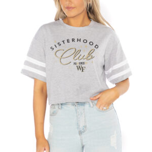 Women's Gameday Couture Gray Wake Forest Demon Deacons PoweredBy Sisterhood Drop Shoulder Sleeve Stripe Cropped Tri-Blend T-Shirt