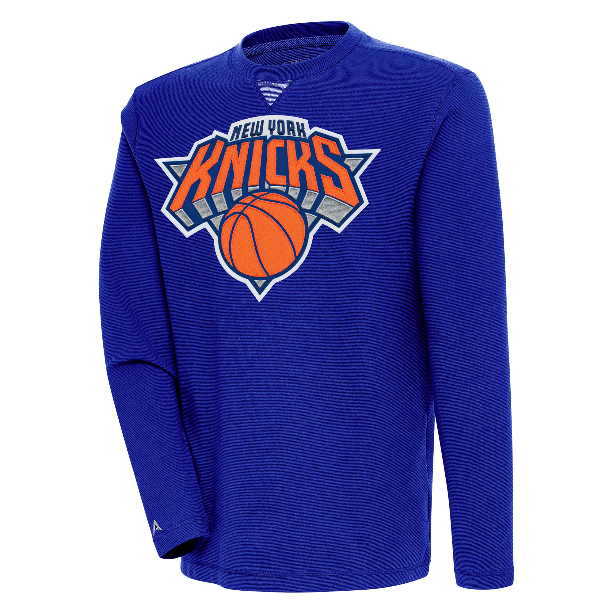 Men's Antigua Royal New York Knicks Flier Bunker Pullover Sweatshirt