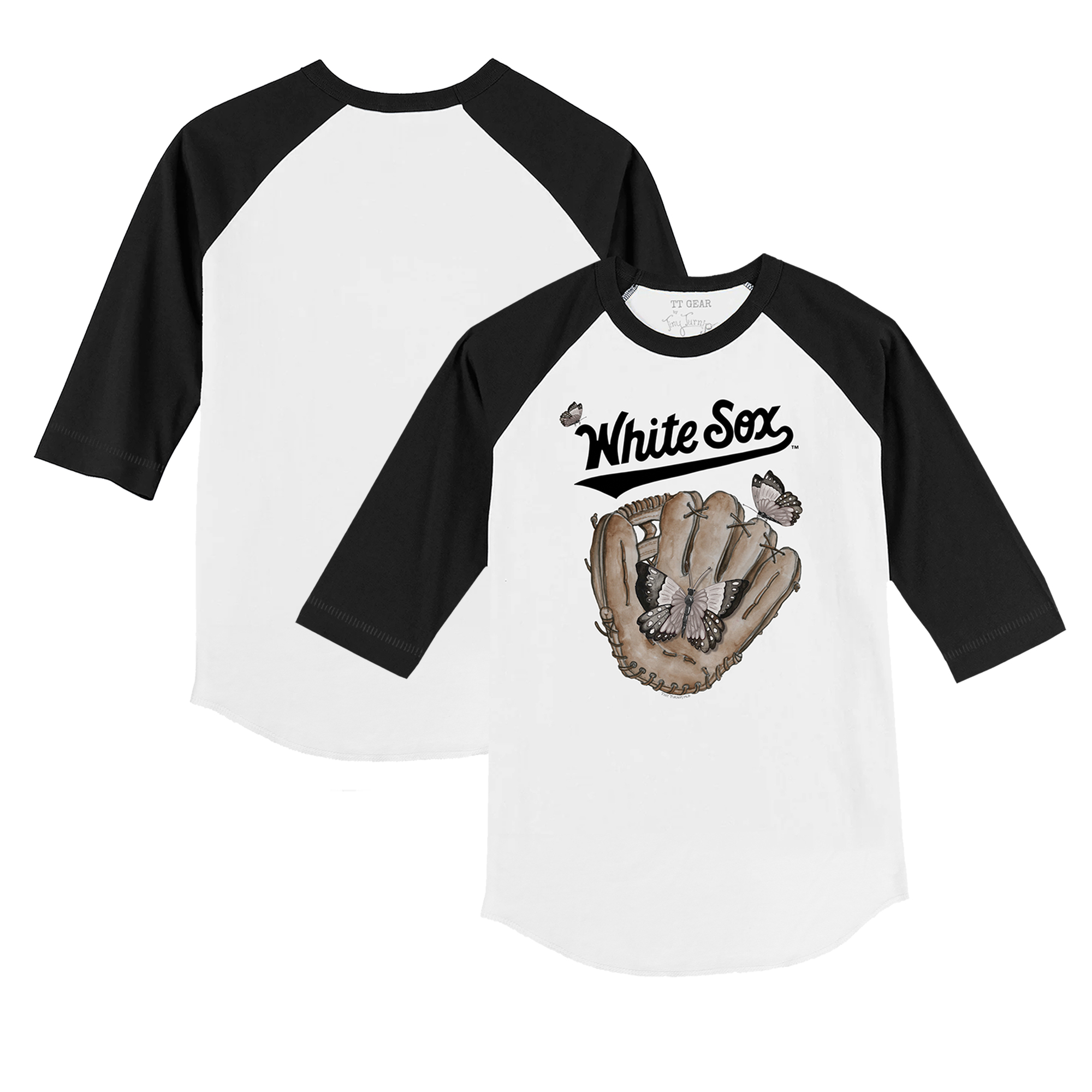 Youth Tiny Turnip White/Black Chicago White Sox Butterfly Glove 3/4-Sleeve Raglan T-Shirt