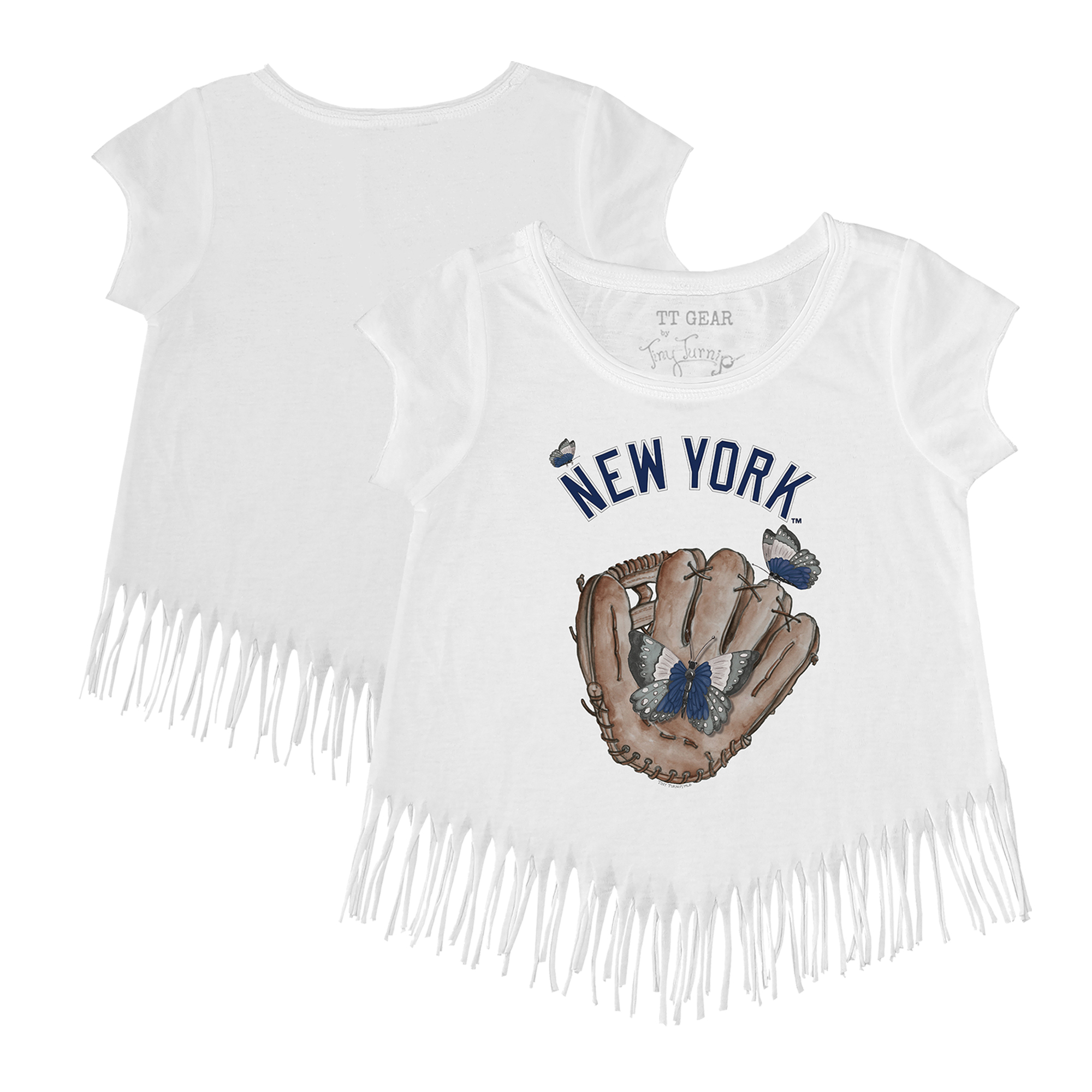 Girls Youth Tiny Turnip White New York Yankees Butterfly Glove Fringe T-Shirt