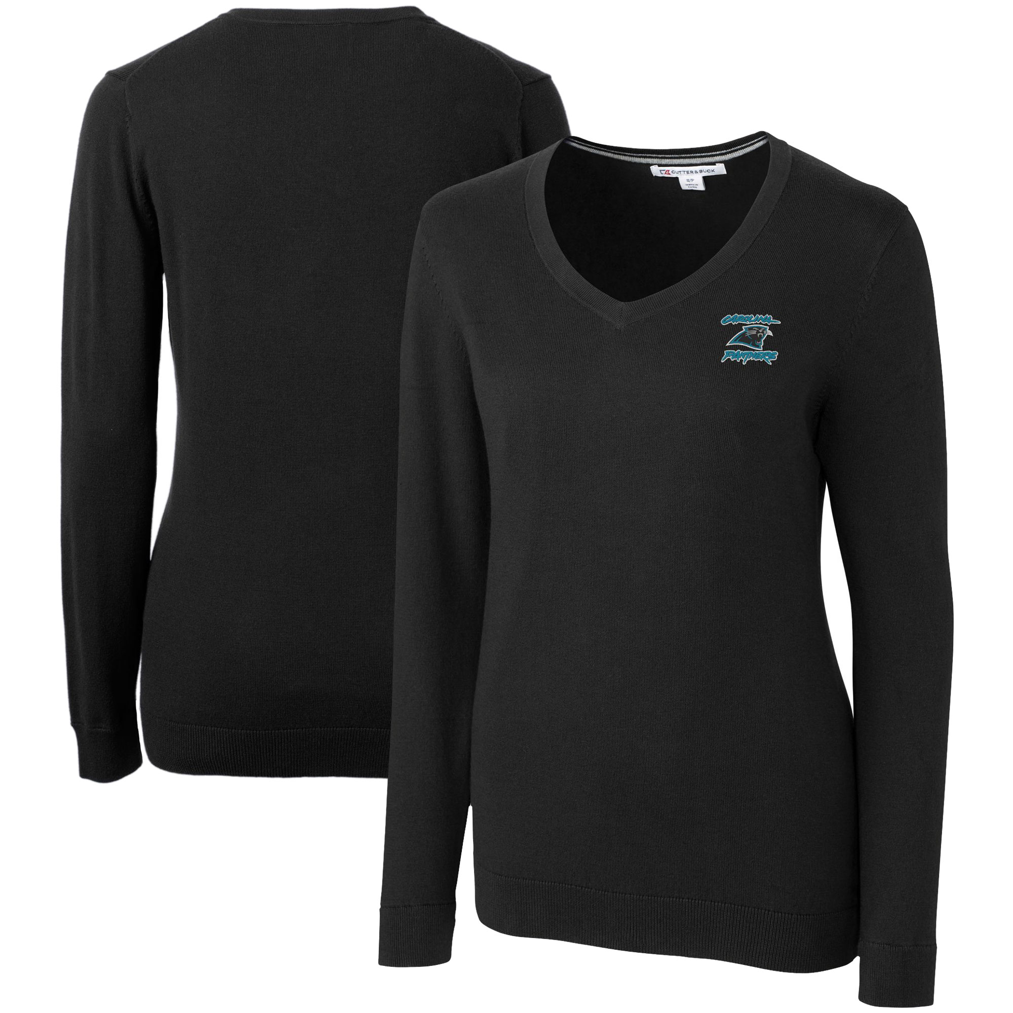 Women's Cutter & Buck Black Carolina Panthers Throwback Logo Lakemont Tri-Blend V-Neck Pullover Sweater - Image 2