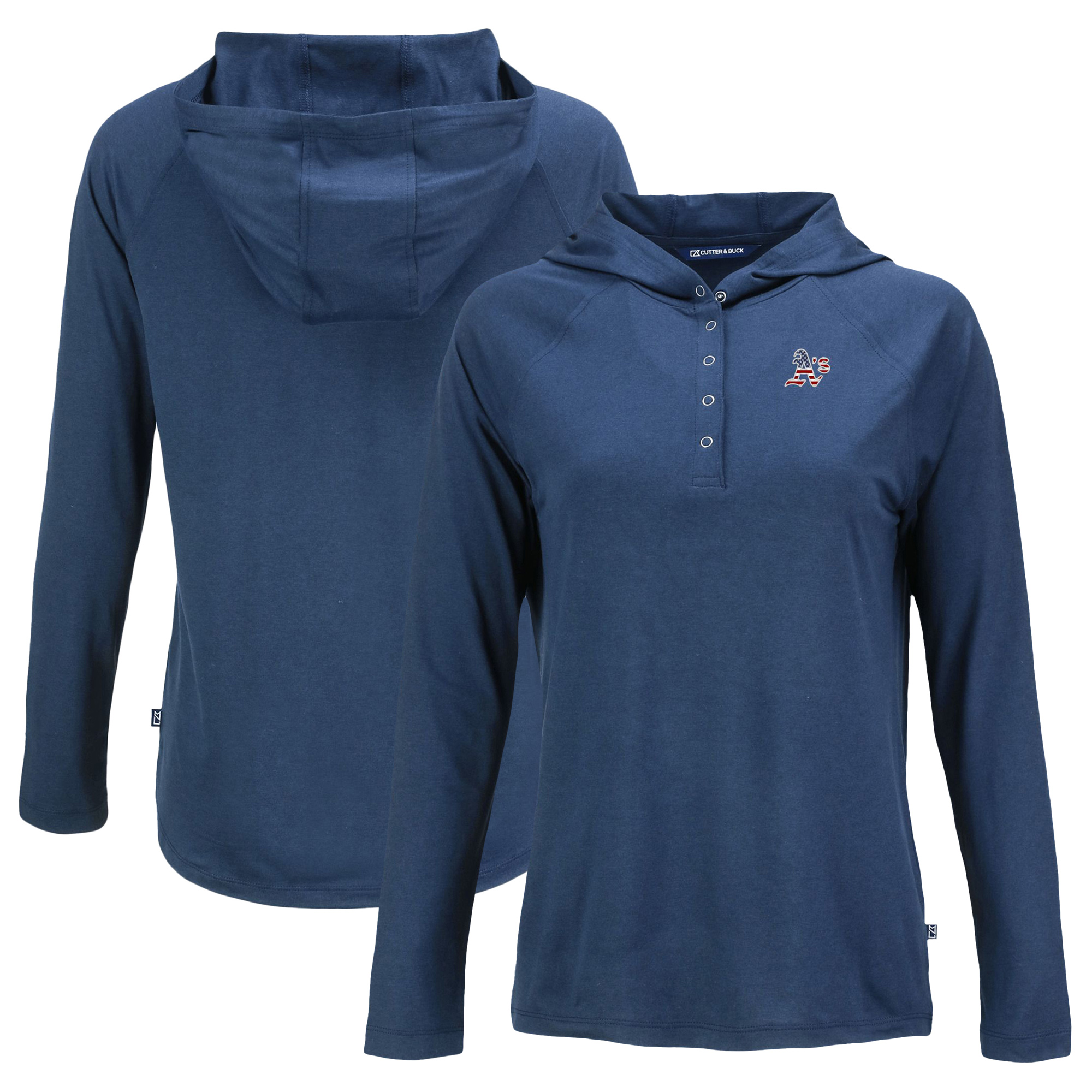 Women's Cutter & Buck Navy Oakland Athletics Stars And Stripes Coastline Epic Comfort Eco Recycled Hoodie Raglan Long Sleeve T-Shirt - Image 5