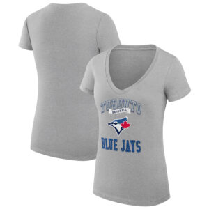 Women's G-III 4Her by Carl Banks Heather Gray Toronto Blue Jays Team Logo Graphic V-Neck Fitted T-Shirt