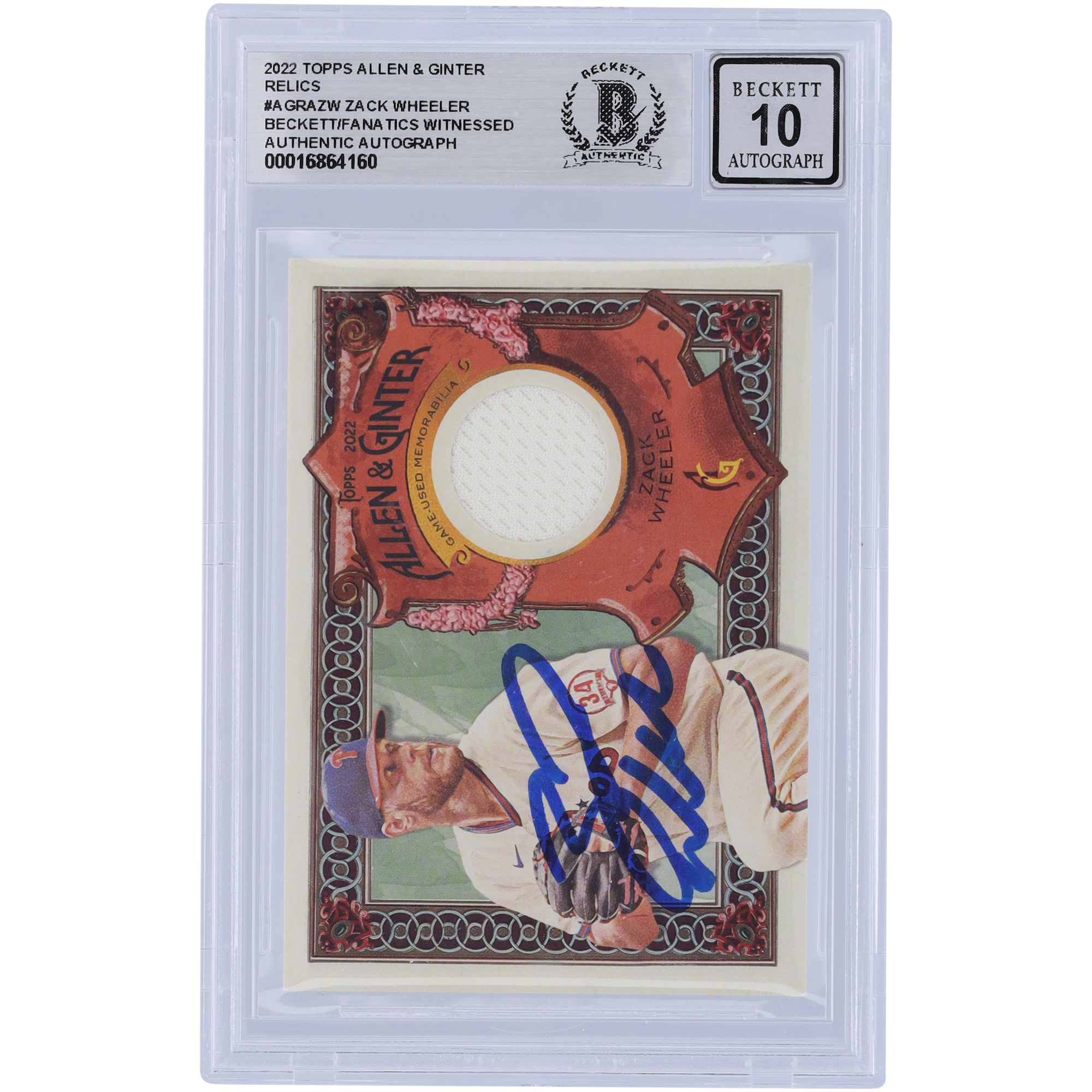 Zack Wheeler Philadelphia Phillies Autographed 2022 Topps Allen & Ginter Relics #AGRA-ZW Beckett Fanatics Witnessed Authenticated 10 Card - Image 2