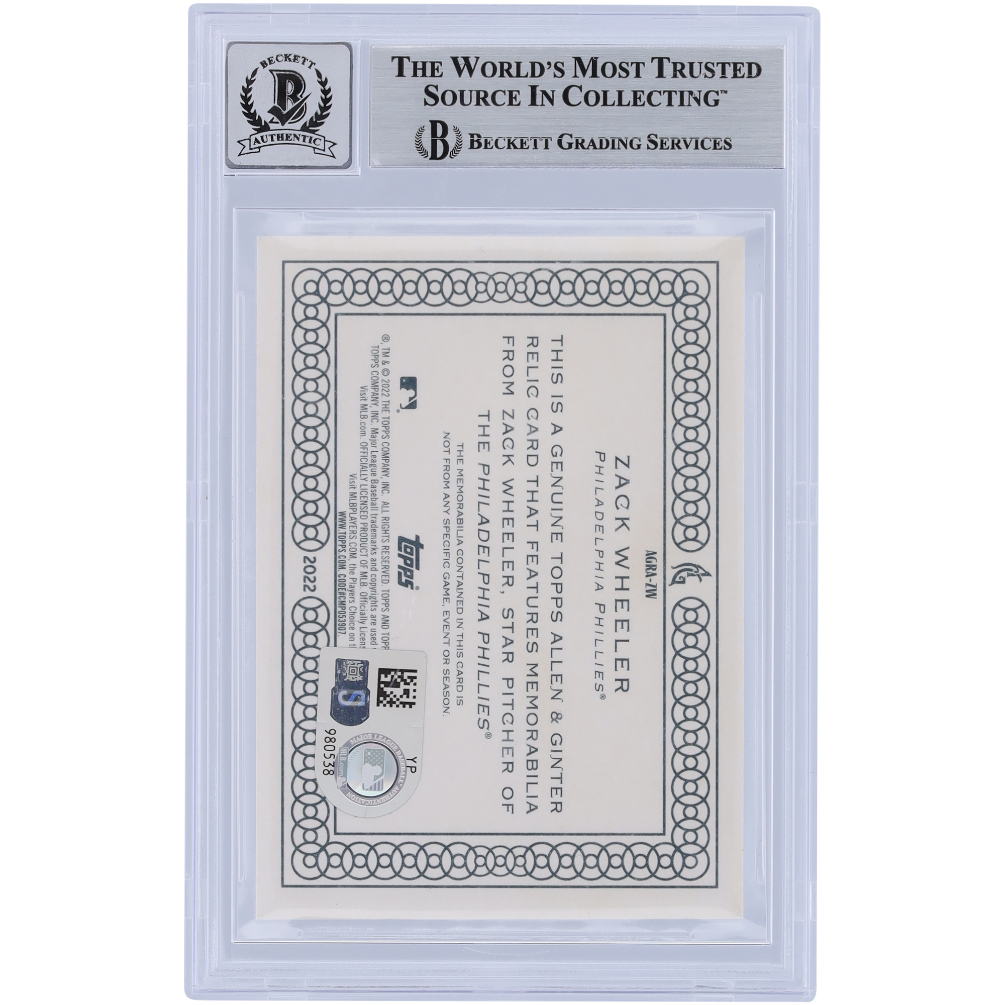 Zack Wheeler Philadelphia Phillies Autographed 2022 Topps Allen & Ginter Relics #AGRA-ZW Beckett Fanatics Witnessed Authenticated 10 Card - Image 6