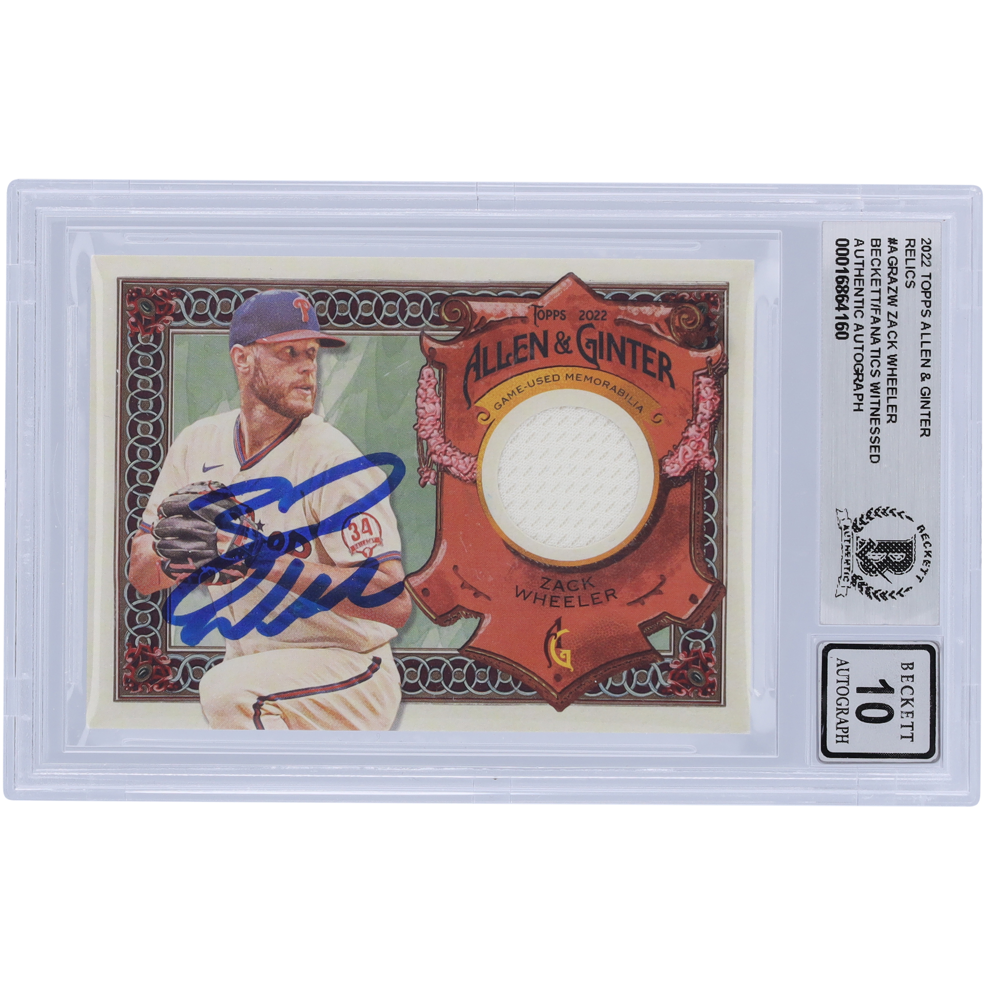 Zack Wheeler Philadelphia Phillies Autographed 2022 Topps Allen & Ginter Relics #AGRA-ZW Beckett Fanatics Witnessed Authenticated 10 Card - Image 7