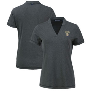 Women's Cutter & Buck Heather Black Texas Rangers Forge Stretch Blade DryTec V-Neck Polo