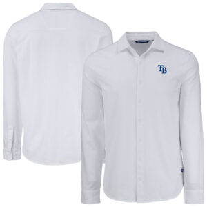 Men's Cutter & Buck White Tampa Bay Rays Knitted Advantage Tri-Blend Eco Soft Pique Long Sleeve Button-Up Shirt