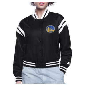 Women's Starter  Black Golden State Warriors Printed Logo Cropped Satin Varsity Full-Snap Jacket