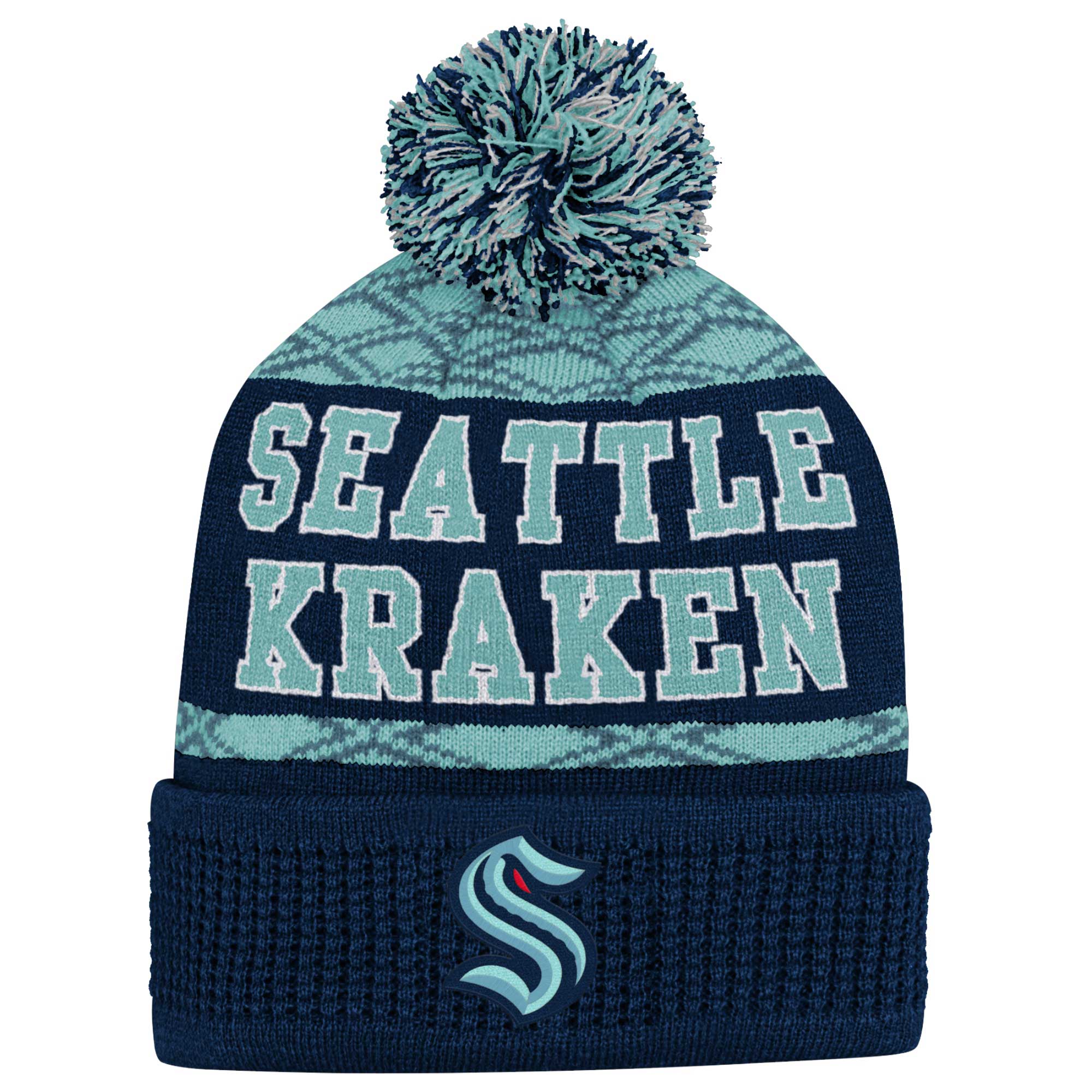 Youth Deep Sea Blue Seattle Kraken Puck Pattern Cuffed Knit Hat with Pom - Image 4