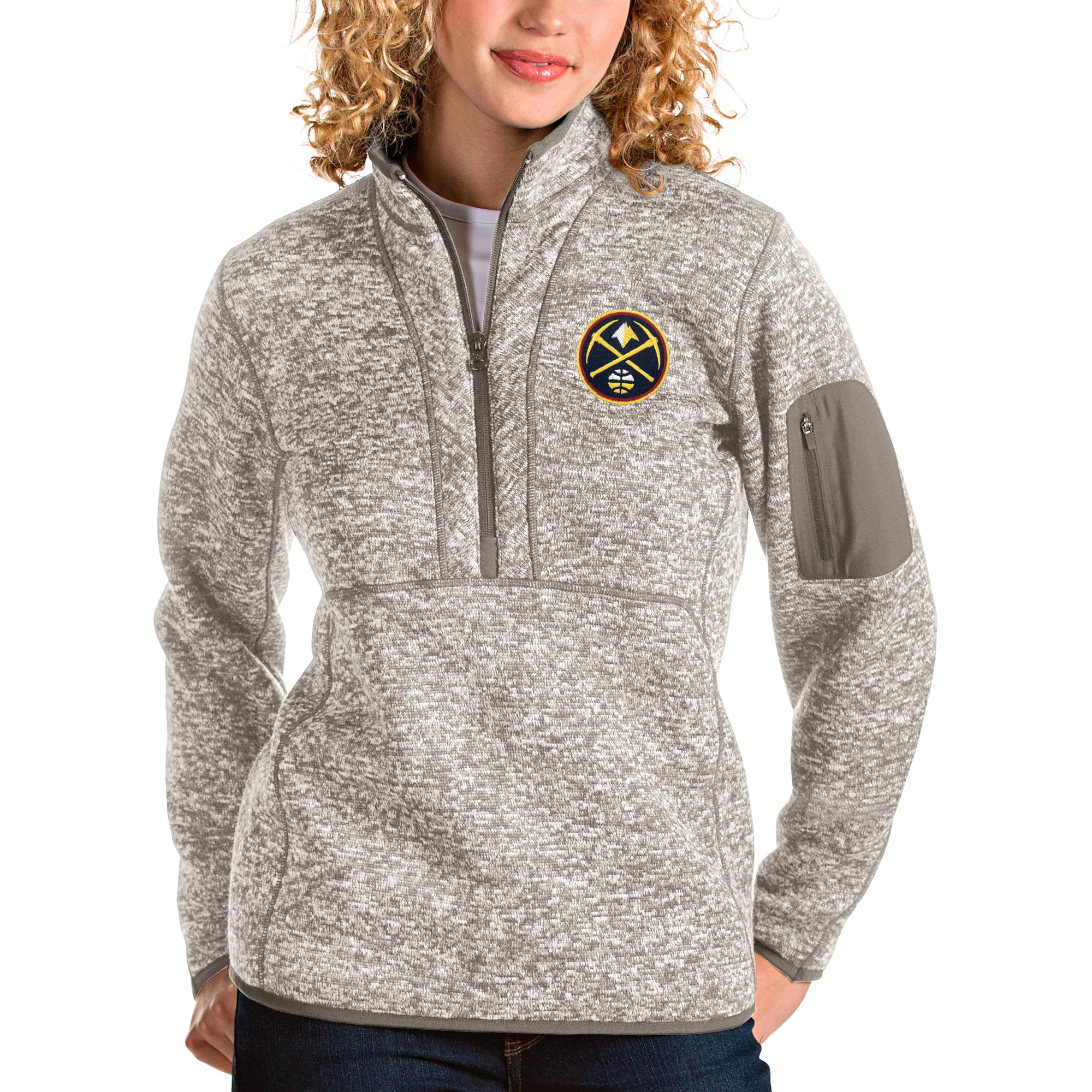 Women's Antigua Natural Denver Nuggets Fortune Quarter-Zip Pullover Jacket