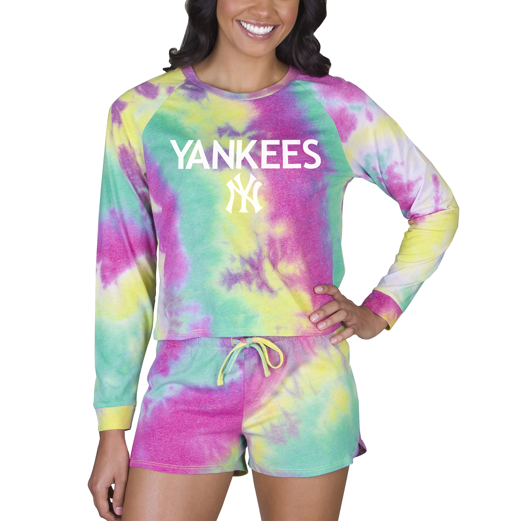 Women's Concepts Sport New York Yankees Velodrome Tie-Dye Long Sleeve Top & Shorts Set