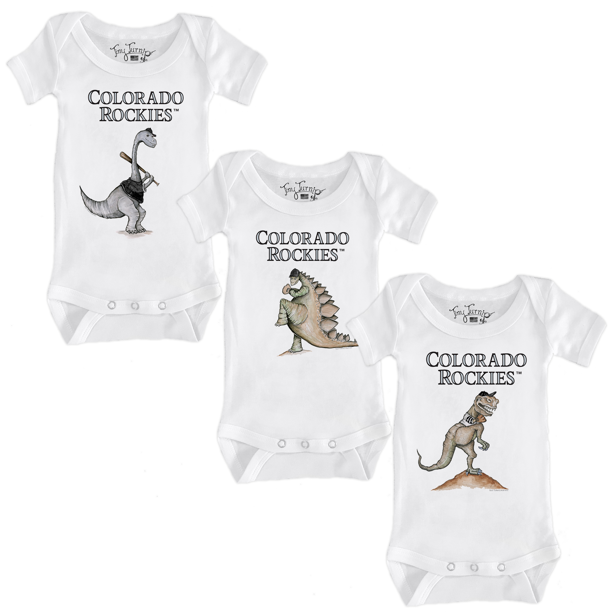 Infant Tiny Turnip White Colorado Rockies 3-Piece Dinosaur Bodysuit Set