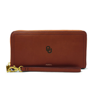 Women's Fossil Brown Oklahoma Sooners Logan RFID Zip-Around Leather Clutch