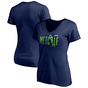 Women's DK Metcalf Navy Seattle Seahawks Checkdown V-Neck T-Shirt