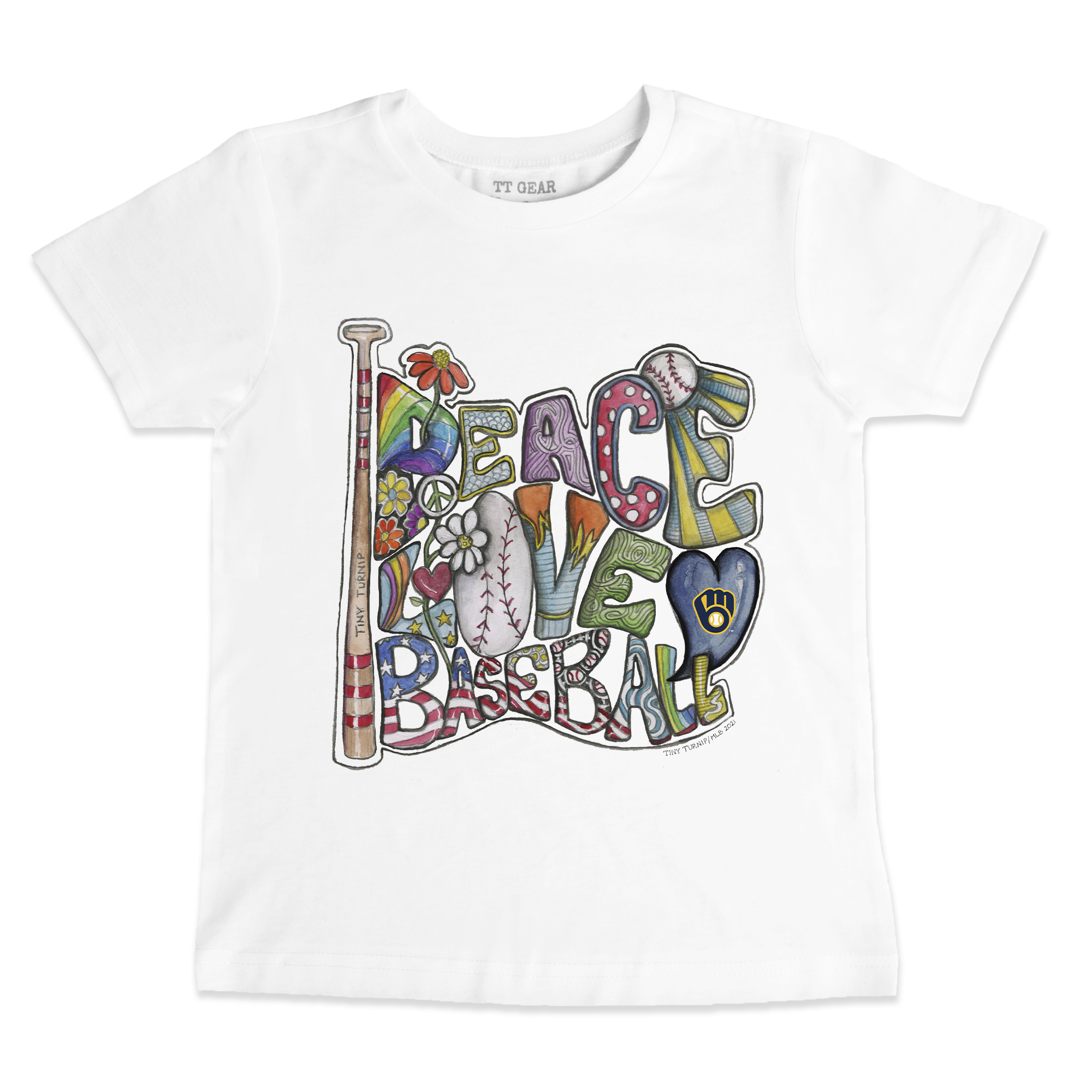 Toddler Tiny Turnip White Milwaukee Brewers Peace Love Baseball T-Shirt