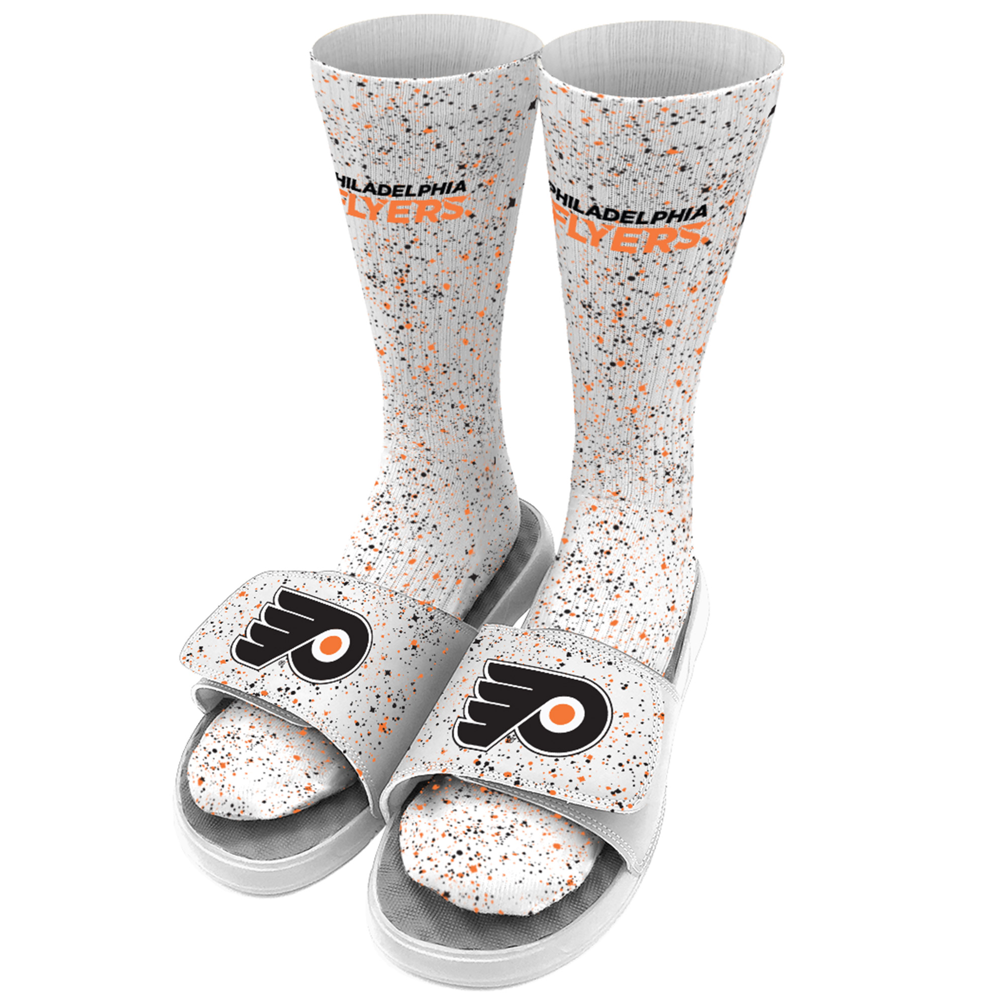 Youth ISlide White Philadelphia Flyers Speckle Socks & Slide Sandals Bundle - Image 2