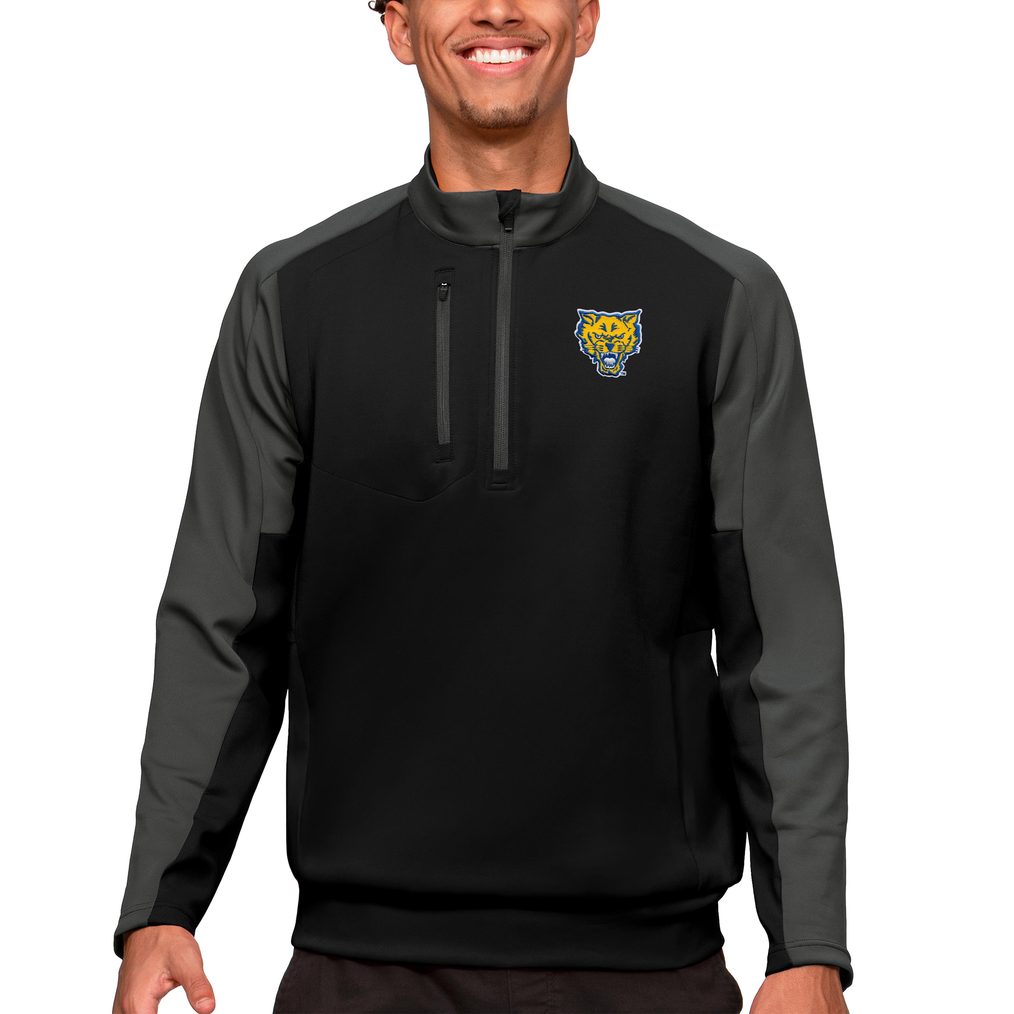 Men's Antigua Black/Charcoal Fort Valley State Wildcats Team Quarter-Zip Pullover Top