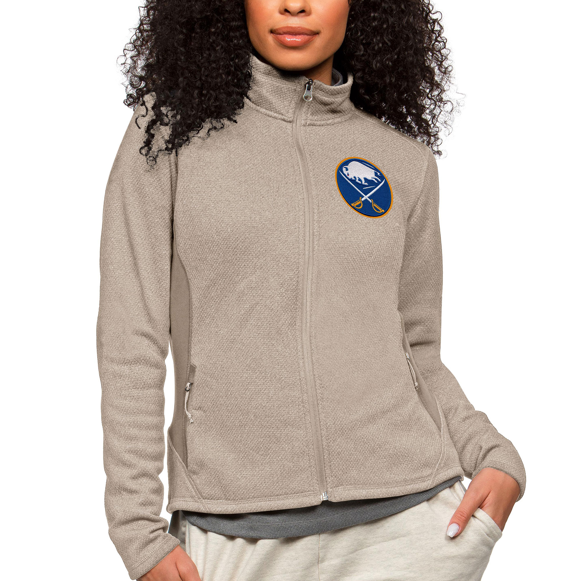 Women's Antigua Oatmeal Buffalo Sabres Primary Logo Course Full-Zip Jacket