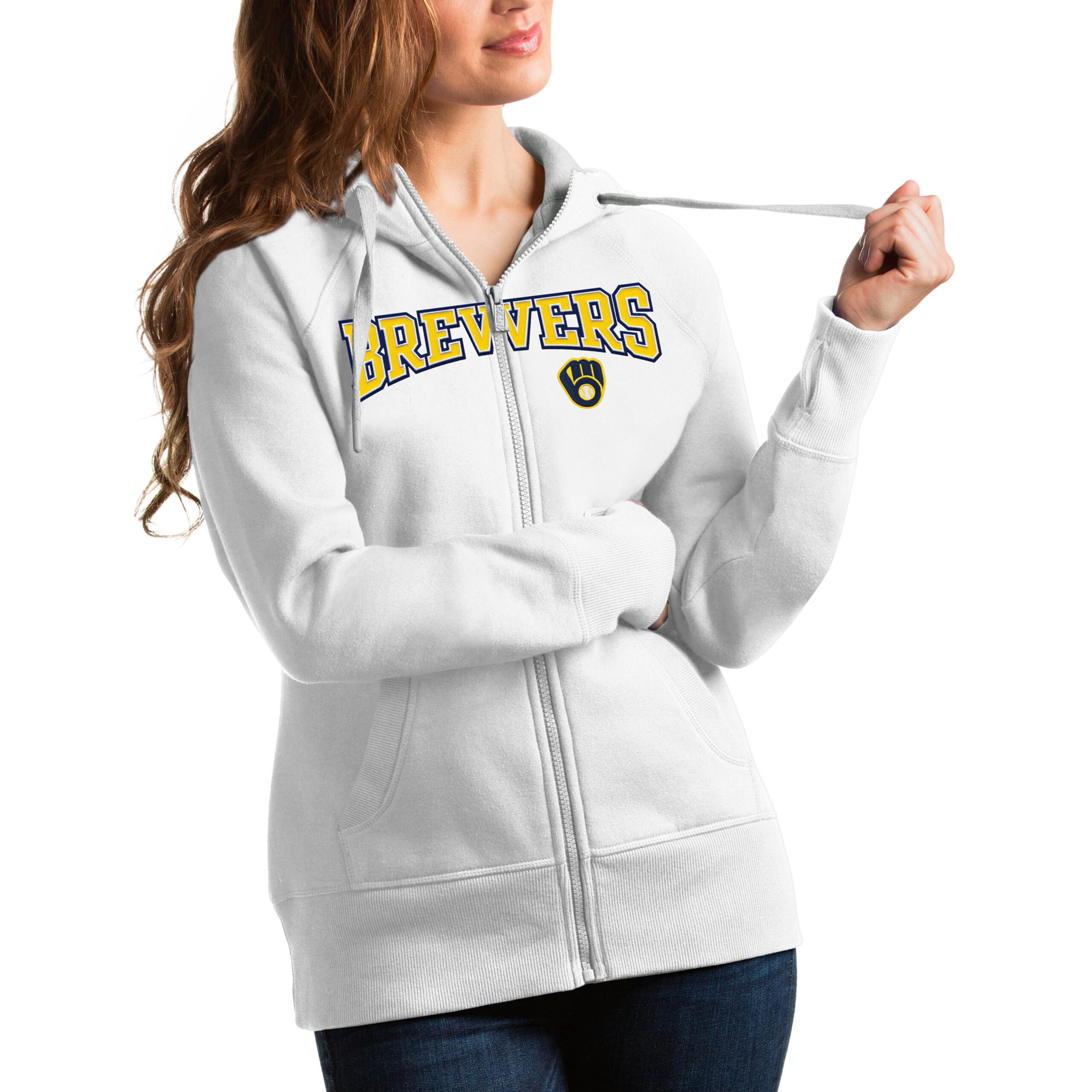 Women's Antigua White Milwaukee Brewers Team Logo Victory Full-Zip Hoodie