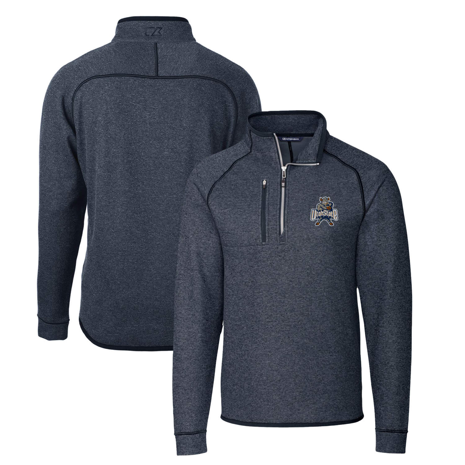 Men's Cutter & Buck Heather Navy Utah State Aggies Mainsail Sweater-Knit Half-Zip Pullover Jacket