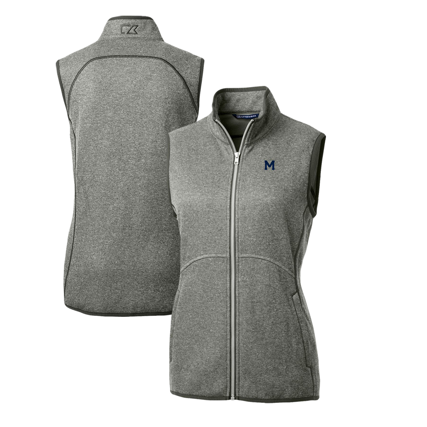 Women's Cutter & Buck Heather Gray Michigan Wolverines Mainsail Basic Sweater-Knit Full-Zip Vest
