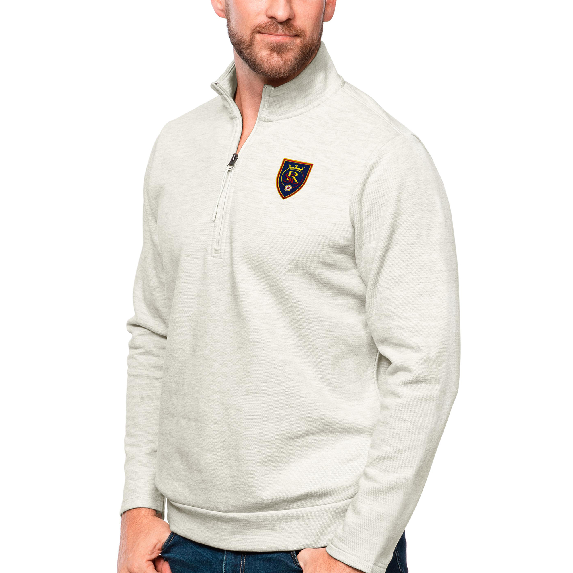 Men's Antigua Oatmeal Real Salt Lake Primary Team Logo Gambit Quarter-Zip Pullover Top