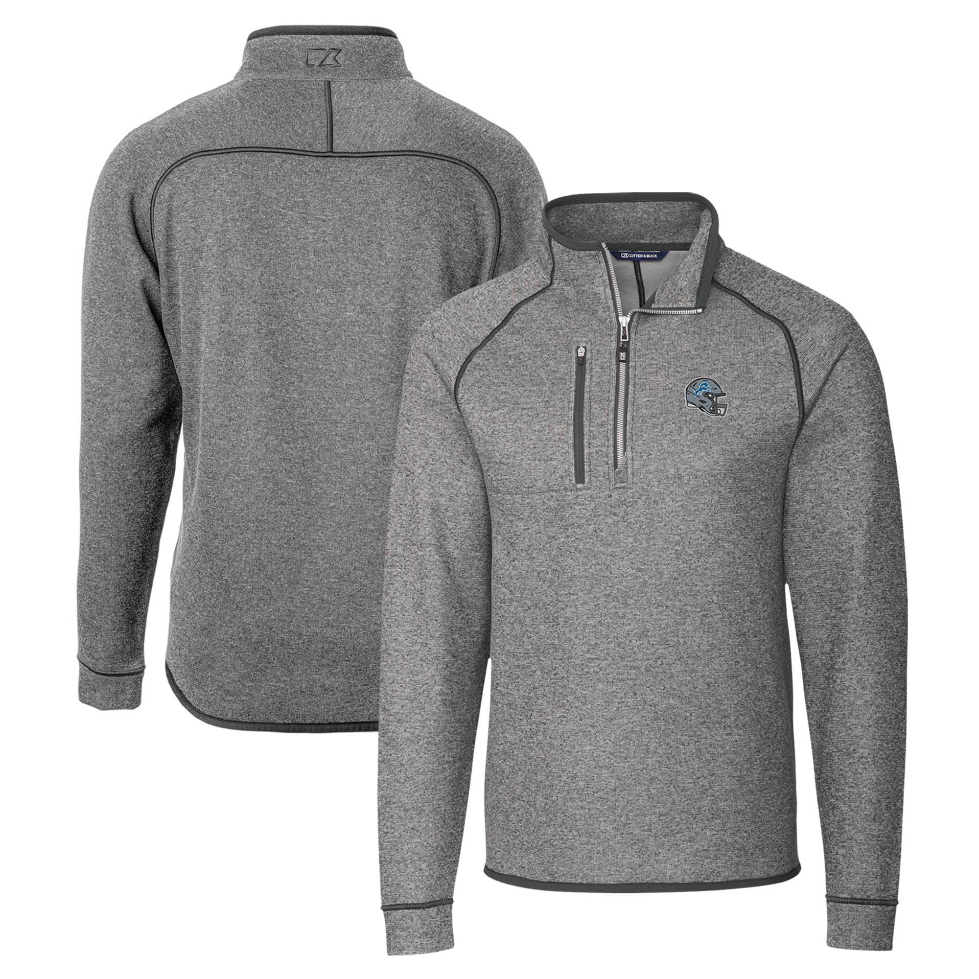 Men's Cutter & Buck Silver Detroit Lions Helmet Mainsail Sweater-Knit Half-Zip Pullover Jacket - Image 2