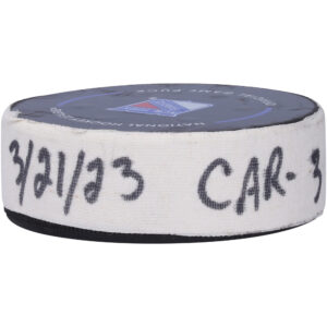 Teuvo Teravainen Carolina Hurricanes Game-Used Goal Puck from March 21, 2023 vs. New York Rangers