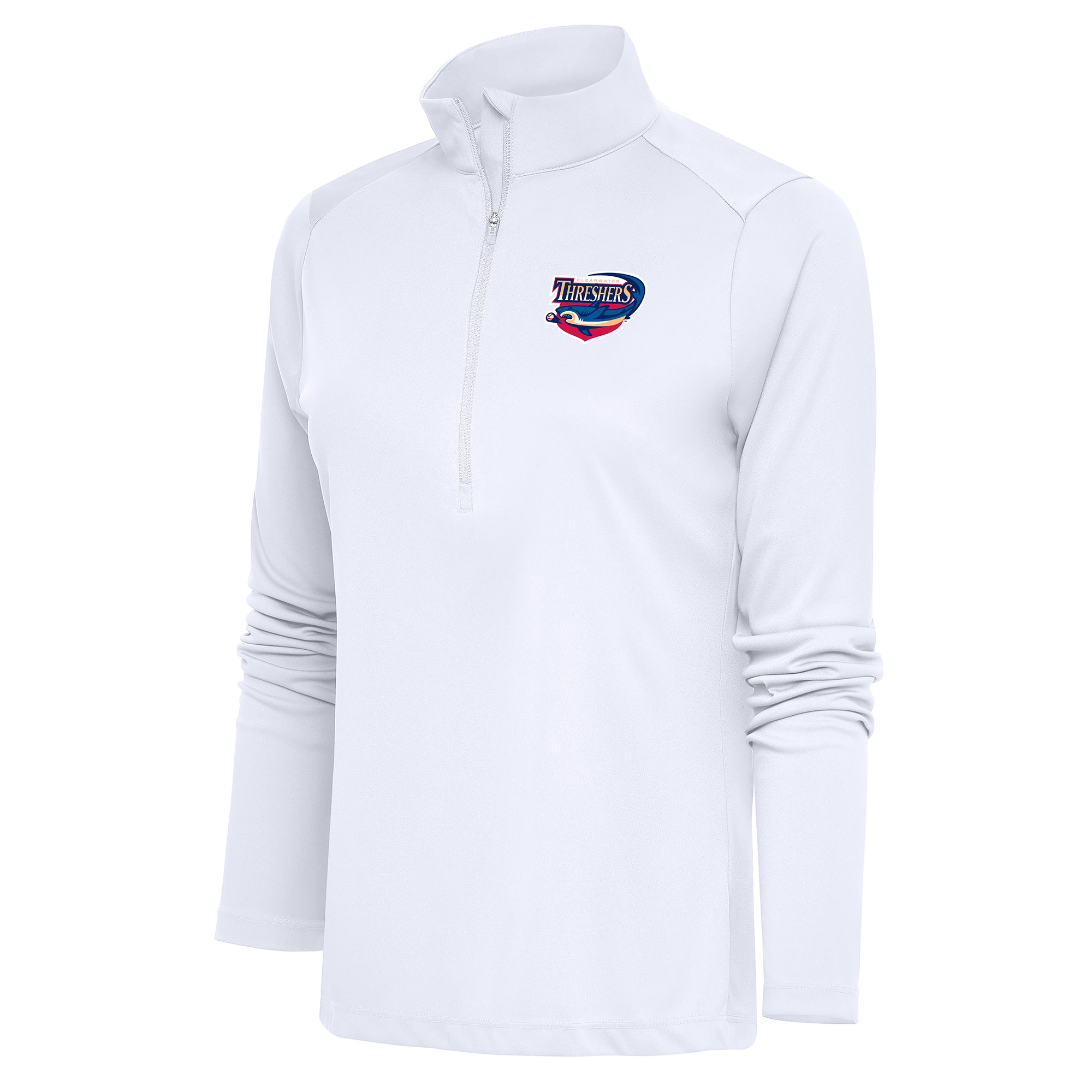 Women's Antigua White Clearwater Threshers Tribute Half-Zip Pullover Top