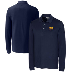 Men's Cutter & Buck  Navy Michigan Wolverines Alumni Logo Advantage Tri-Blend Pique Long Sleeve DryTec Polo